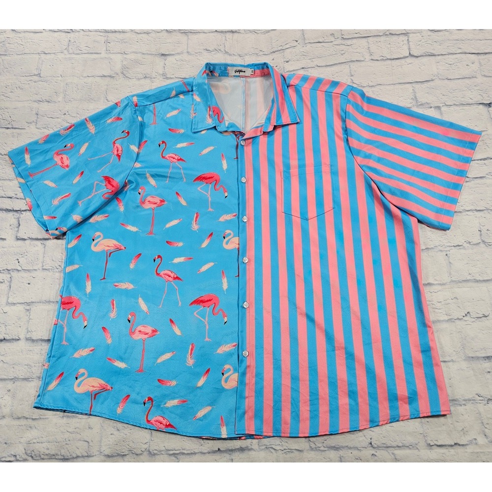 Vatpave Button Down Shirt MEN 3XL Blue Pink Flamingo Striped Split Tropical Tee